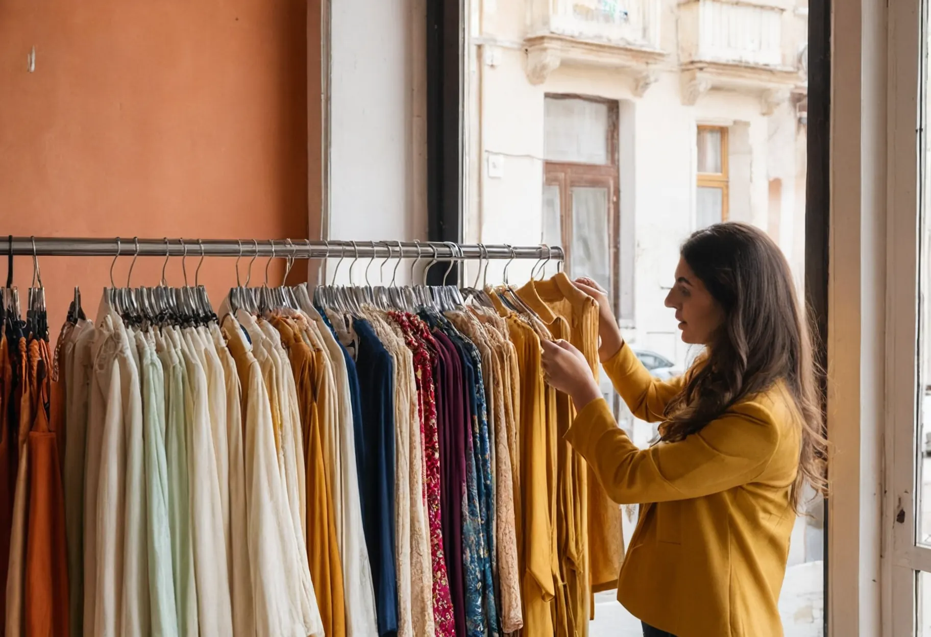 Mağazasında kıyafetleri düzenleyen butik sahibi