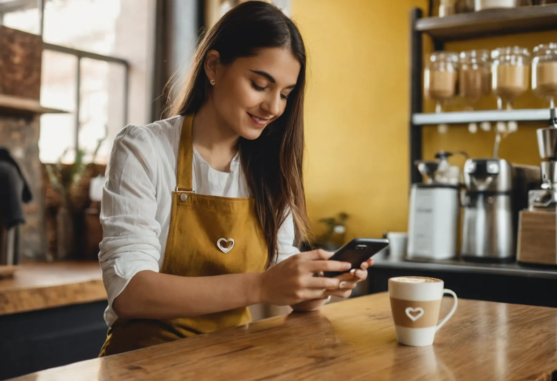 Kafesinde telefonla latte çeken barista