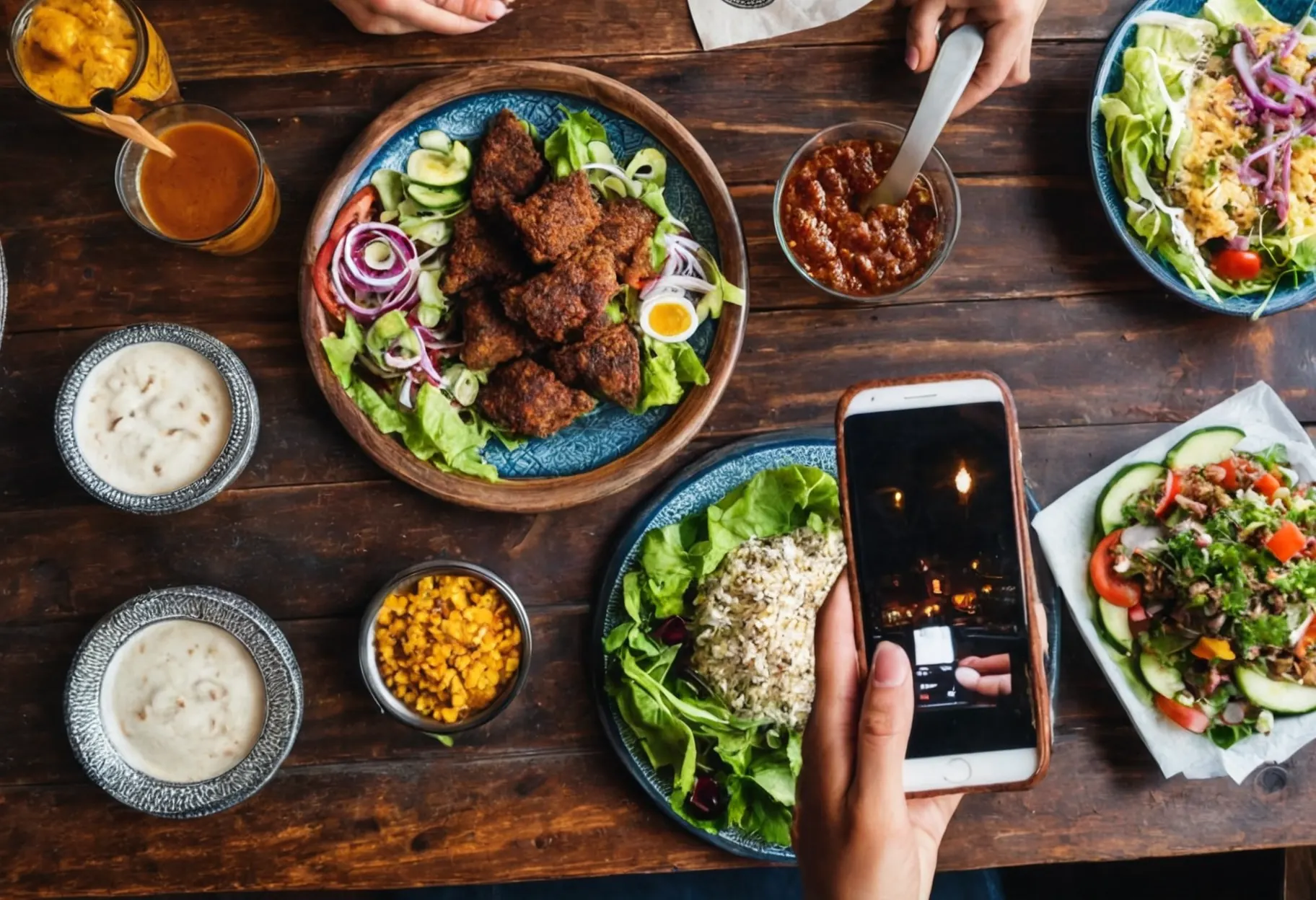 Kebap ve lahmacun sofrasını telefonla fotoğraflayan müşteri